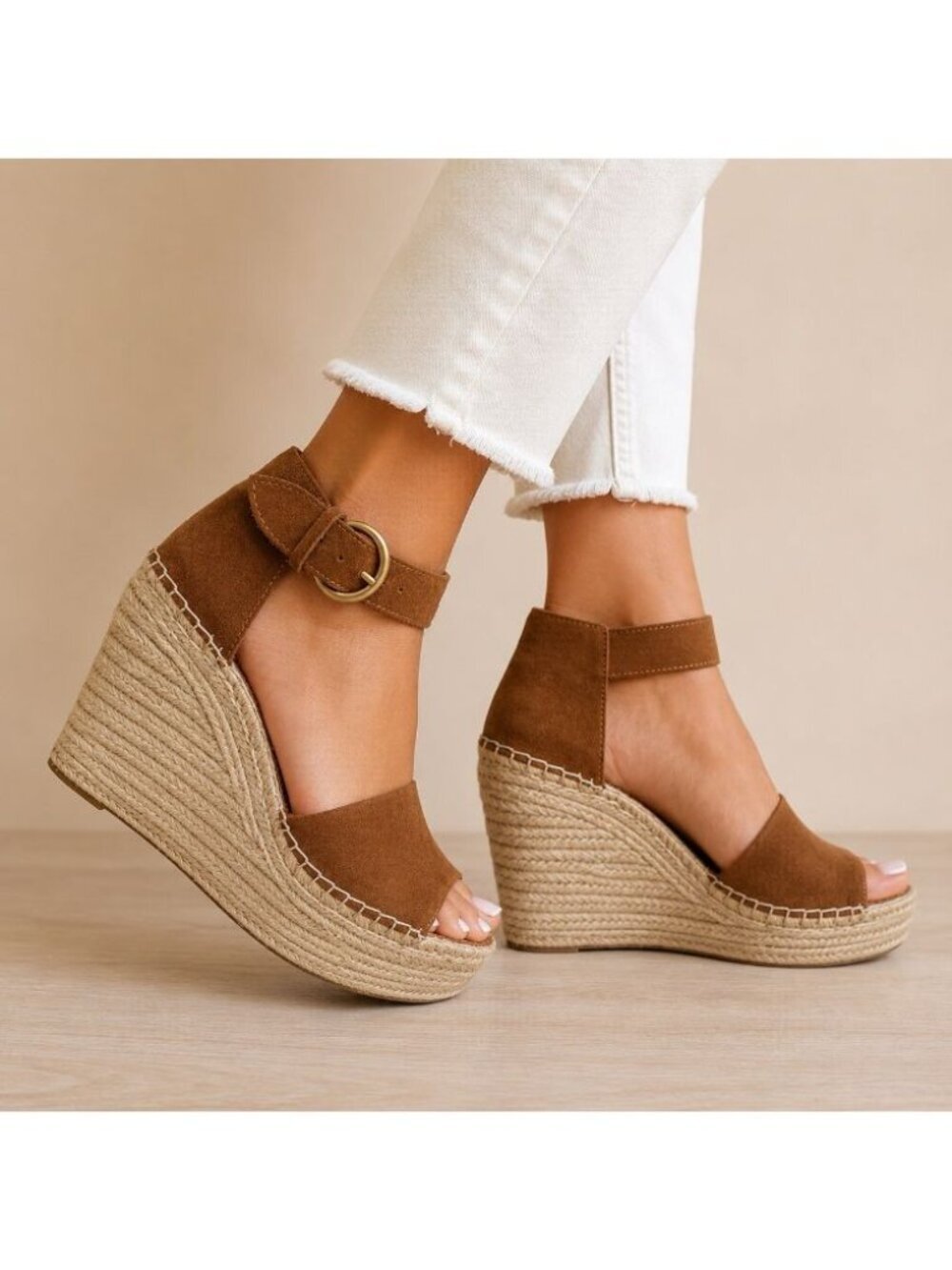 Marc Fisher Espadrille Wedge Women 9 Brown Platform Ankle Strap Leather Sandal